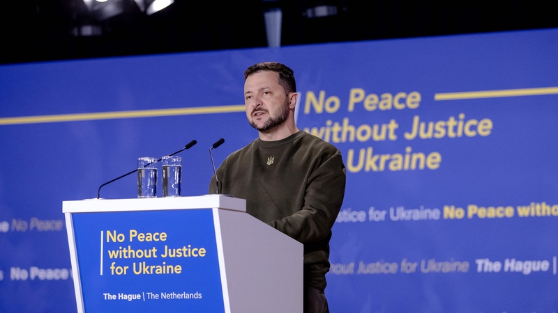 Ukrainian President Volodymyr Zelensky speaking at the World Forum in The Hague
