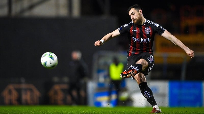Jordan Flores scores Bohemians' first goal of a 3-1 victory over Drogheda in March