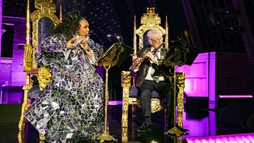 Lizzo and Belfast flautist James Galway, performing at the 2023 Met Gala, where they performed a duet of Flight Of The bumblebee