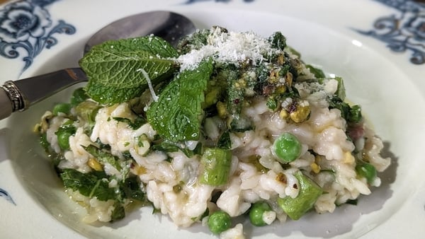 Fresh and summery, this risotto uses a quick homemade pistachio pesto.