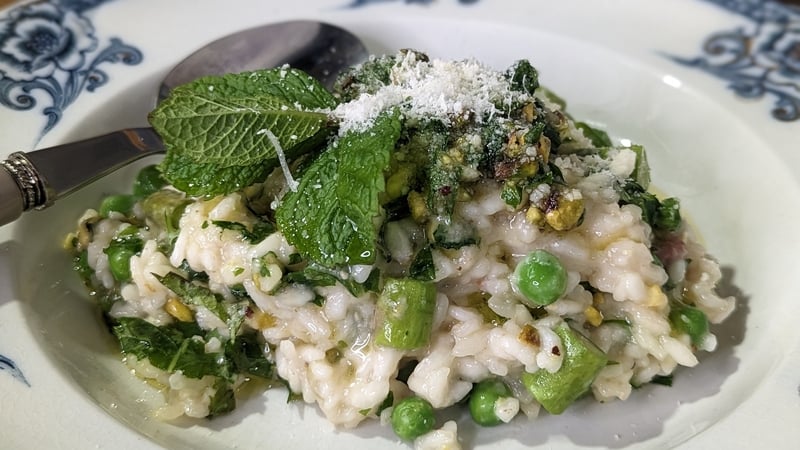 Fresh and summery, this risotto uses a quick homemade pistachio pesto.