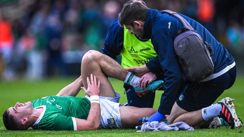 Seán Finn receiving attention on the Gaelic Grounds pitch