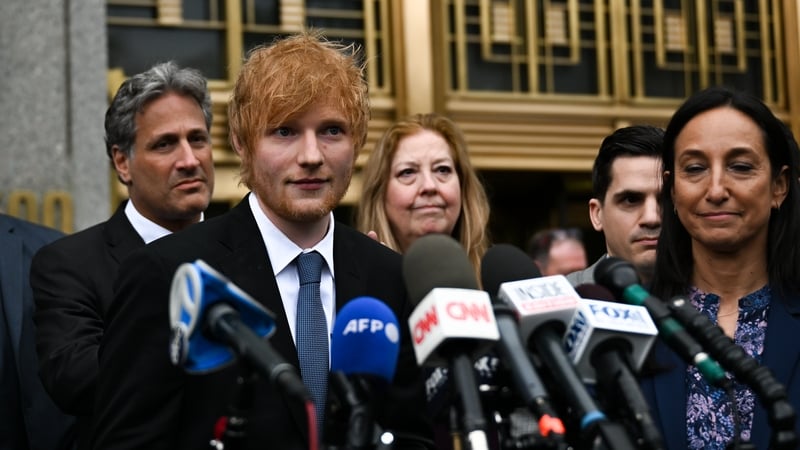 Ed Sheeran talks to the media after winning his copyright lawsuit in New York. Pictures: Getty