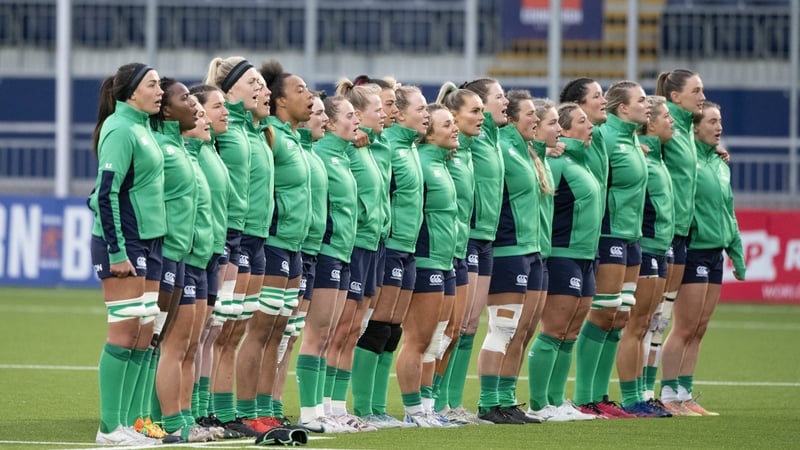 The Ireland team stands for the national anthems before the TikTok Women's Six Nations Rugby match against Scotland last month