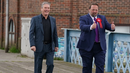 Keir Starmer (L) with Councillor Vince Maple as he joins party members in Chatham, Kent, where Labour has taken overall control of Medway Council for the first time since 1998