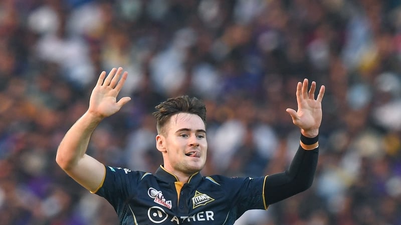 Josh Little celebrates after taking a wicket for Gujarat Titans last month