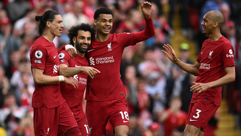 Mohamed Salah celebrates his goal with his Liverpool team-mates