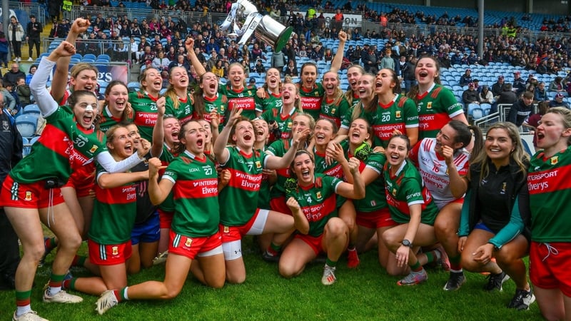 Kathryn Sullivan of Mayo celebrates with her team-mates after collecting the cup
