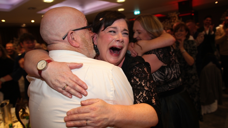 Dalkey Players Director Emma Jane Nutly and Barry Donaldson celebrate after winning the 2023 RTE All Ireland Drama Festival