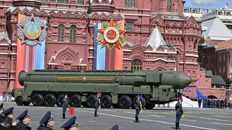 Ceremonial soldiers parade in Red Square during the 78th anniversary of Victory Day