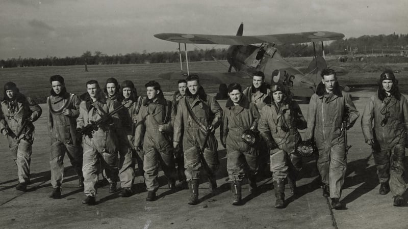 Air Corps airgunners at Baldonnel Aerodrome in March 1941 with a Gloster Gladiator in the background. Photo: Military Archives, Cathal Brugha Barracks