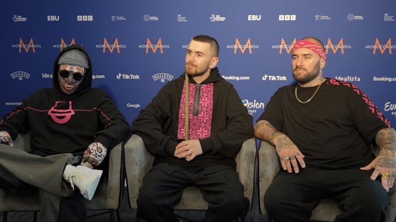 MC KylymMen, piper Tymofii Muzychuk and backing vocalist Sasha Tab from the reigning Eurovision champions Kalush Orchestra, speaking in Liverpool