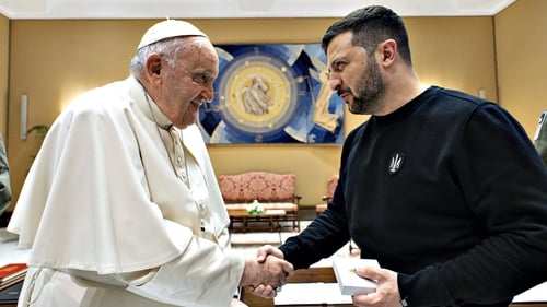 Pope Francis meets with Ukrainian President Volodymyr Zelensky at the Studio of Paul VI Hall