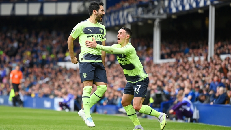 Phil Foden celebrates with goalscorer Ilkay Guendogan as Manchester City moved closer to the Premier League title