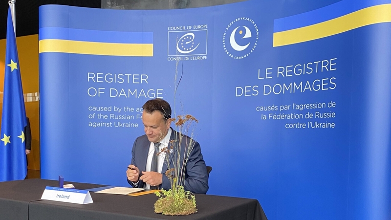Taoiseach Leo Varadkar signing the Register of Damages caused by Russia in Ukraine today