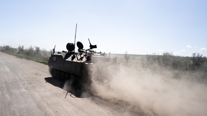 An armored infantry carrier going to the front line at the front south of Bakhmut