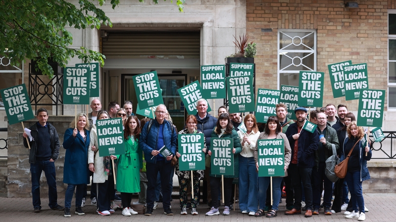 BBC NI journalists on the picket line at BBC NI, Broadcasting House in Belfast (pic: PA)