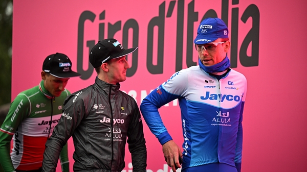Eddie Dunbar and Team Jayco AlUla team-mate Michael Hepburn ahead of the 13th stage