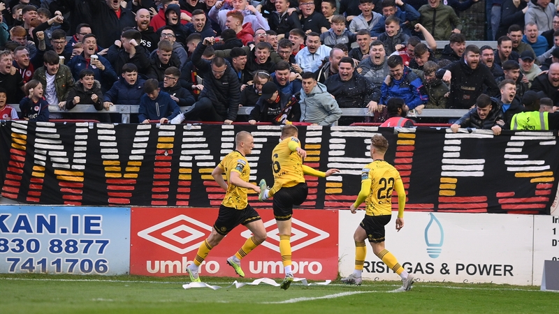 St Patrick's Athletic defender Sam Curtis, right, celebrates his goal with team-mates at Tolka Park