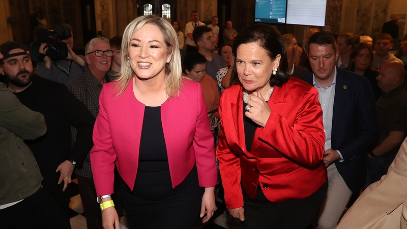 Michelle O'Neill (L) and Mary McDonald pictured as they arrived at Belfast City Hall