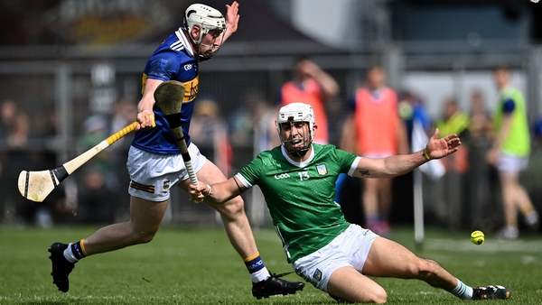 Limerick's Aaron Gillane is challenged by Tipperary's Eoghan Connolly