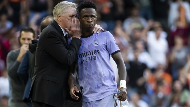 Carlo Ancelotti speaks to Vinicius Jr during Real Madrid's clash against Valencia on Sunday