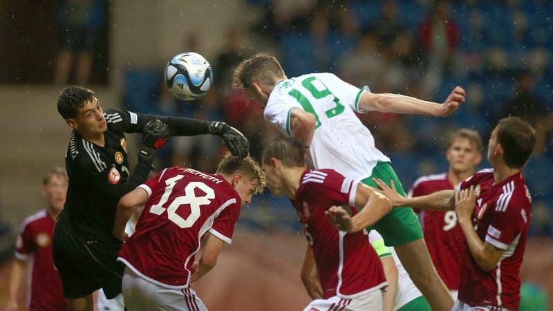Mason Melia heads home his first goal of the night against Hungary