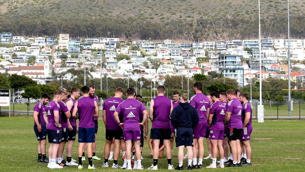 The Munster squad huddle together at training in Cape Town on Wednesday afternoon