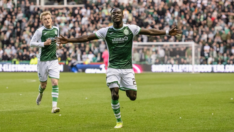 Hibernian's Elie Youan celebrates his second goal against the champions