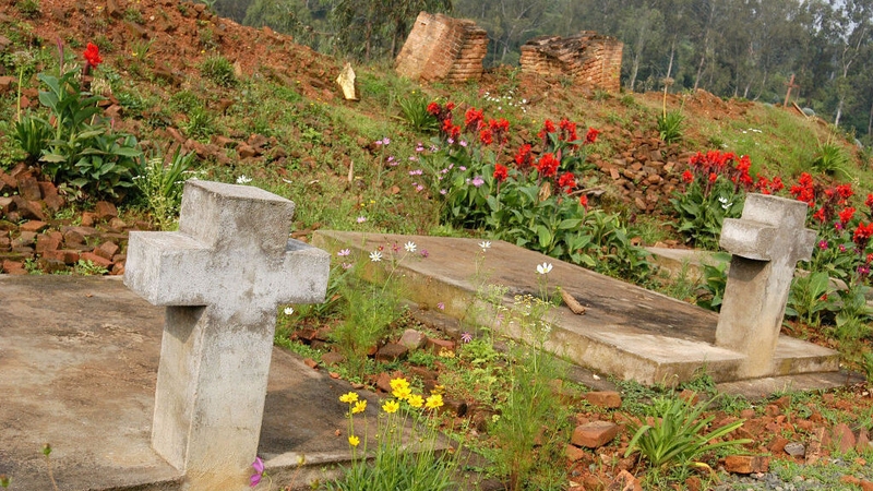 A mass grave in front of the ruins of Nyange church where 2,000 Tutsis were killed