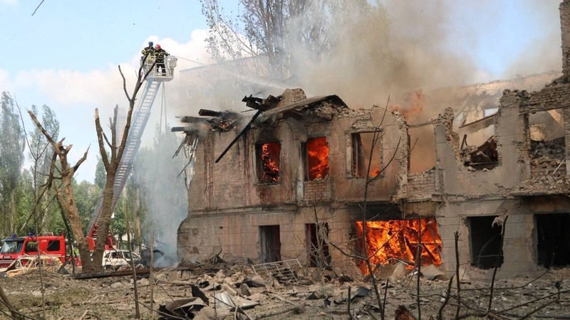 Much of the upper floor of what appeared to be a three-storey building had been badly damaged (Pics: Ukrainian State Emergency Service