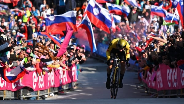 Primoz Roglic crosses the line at today's time trial