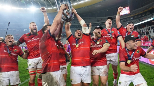 Munster players celebrate last season's URC triumph
