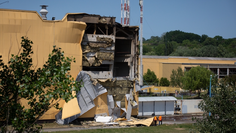 A damaged tobacco factory after the wreckage of a Russian drone fell on it in Kyiv