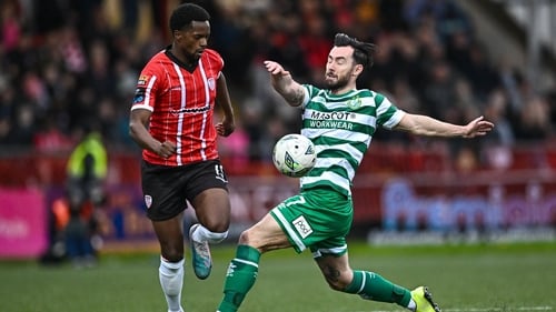 Sadou Diallo of Derry City tackled by Shamrock Rovers' Richie Towell during the sides' 1 May meeting