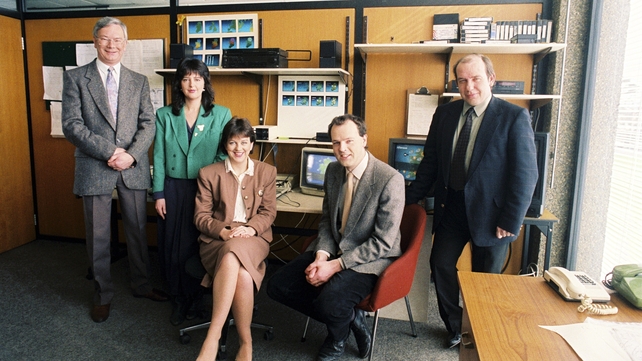 RTÉ Weather presenters/meteorologists are photographed in their office in RTÉ in March 1990. From left to right; John Doyle, Evelyn Cusack, Joan Blackburn, Gerald (Ger) Fleming and Aidan Nulty.