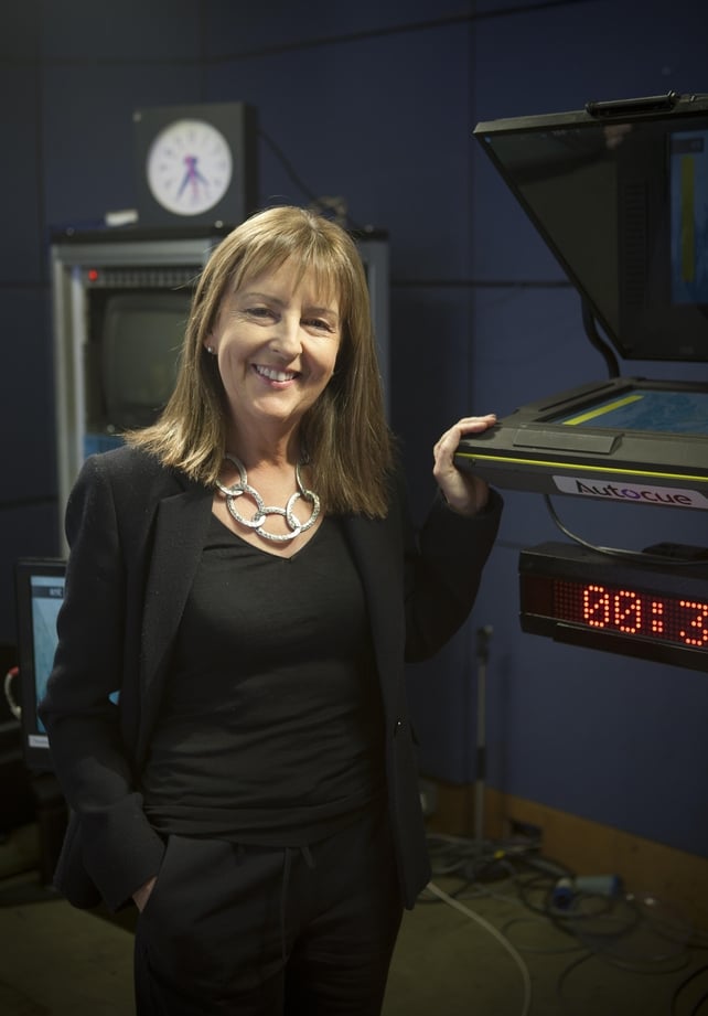 Evelyn Cusack, photographed beside the autocue in the RTÉ Television studio used to broadcast weather forecasts in October 2016.