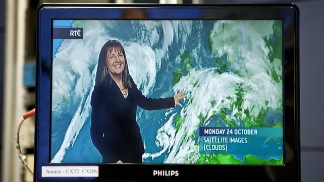 Evelyn Cusack, seen on a monitor as she presents the weather forecast in an RTÉ Television studio in October 2016.