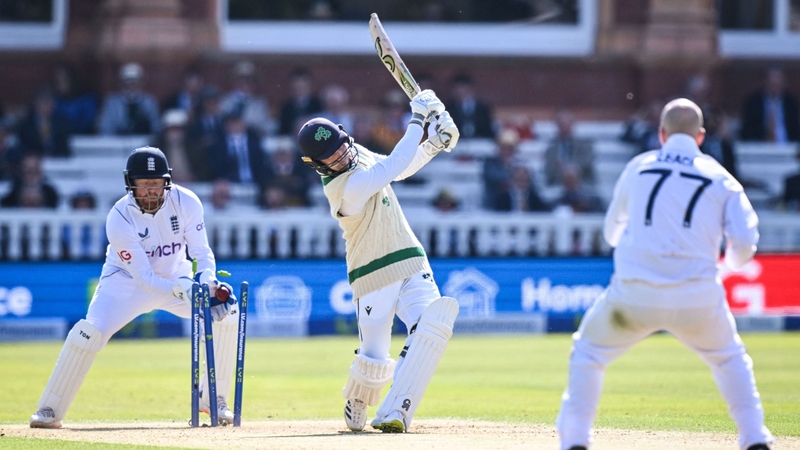 Curtis Campher is bowled by Jack Leach is Ireland are all out for 172 on Day 1 at Lord's