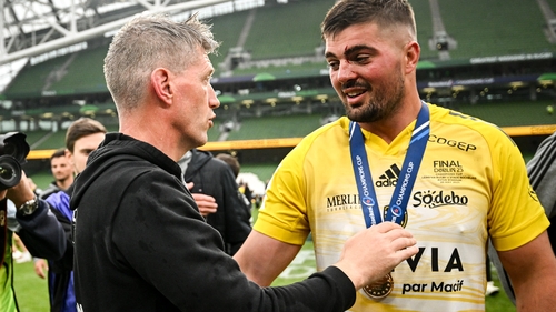 Gregory Alldritt (r) and Ronan O'Gara celebrate after the match