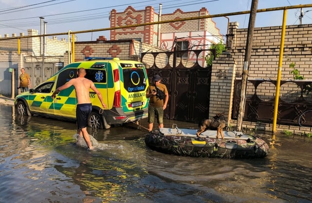 Men rescue a dog from a private house by placing it on an inflatable boat