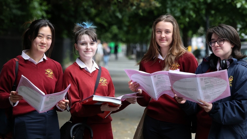 Loreto College students Jessica Jiang, Carenza Oman, Joanna Bulynko and Mya O'Gorman-Bather pictured after finishing English Paper One (Pic: RollingNews.ie)