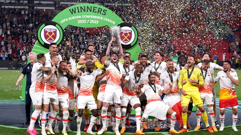 Declan Rice lifts the trophy as the Hammers celebrate a first European success in 58 years