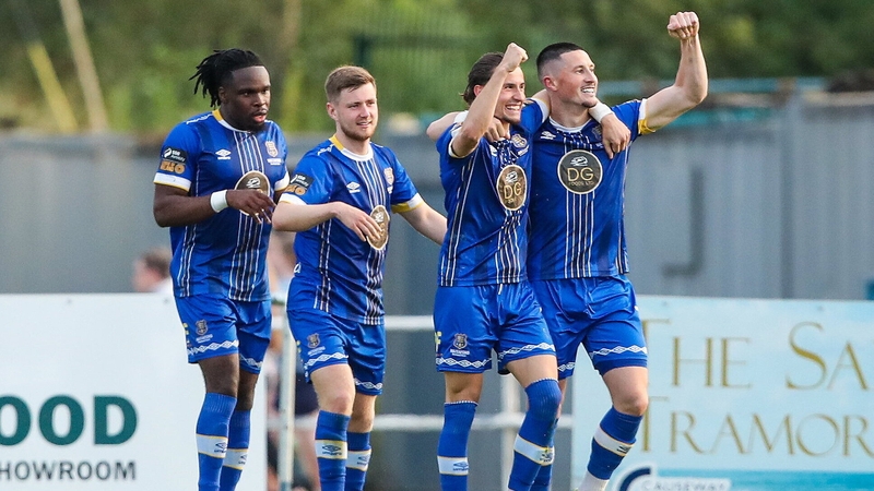 Ronan Coughlan, far right, is congratulated by Waterford team-mates after scoring his side's second goal against Bray