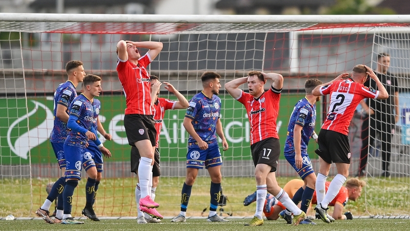 Derry City players, from left, Ryan Graydon, Cameron McJannet and Ronan Boyce, 2, react as a chance goes abegging