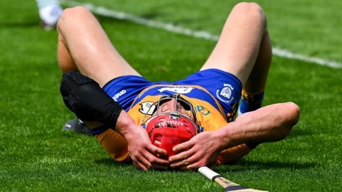 Clare centre-back John Conlon reacts at the full-time whistle after the defeat to Limerick