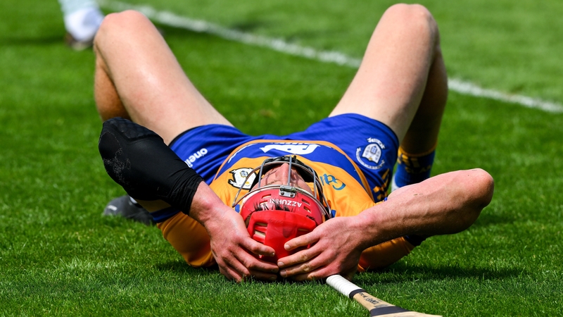 Clare centre-back John Conlon reacts at the full-time whistle after the defeat to Limerick