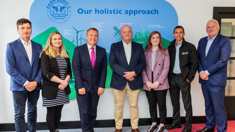 Cormac O'Keeffe, Carbery Chairman, Aoife Healy O'Driscoll, Farm Sustainability Manager, Carbery, Minister for Finance Michael McGrath, AIB Chief Executive Colin Hunt, Cathy Keenan, BiOrbic, BiOrbic Director Kevin O'Connor, Carbery COO John Holland.