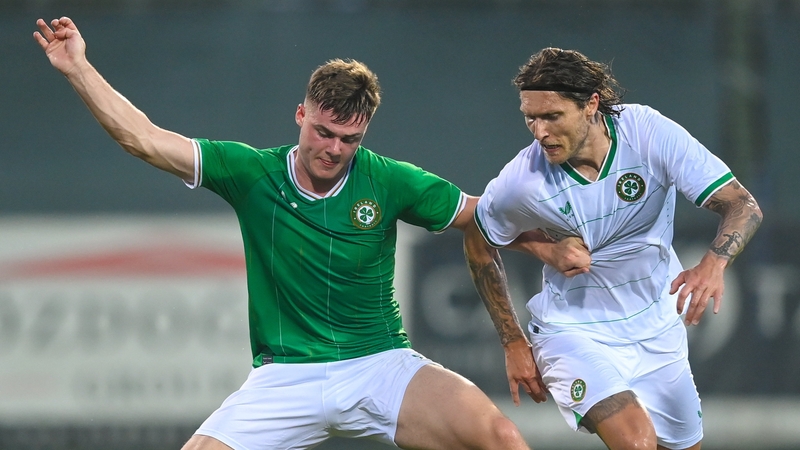 Evan Ferguson (L) and Jeff Hendrick during an Ireland training match at Calista Sports Centre in Antalya, Turkey on Saturday