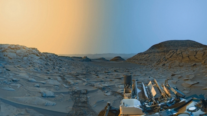 Artistic composite panoramic photograph with added colour of Mars taken by Curiosity's Rover. Courtesy of NASA/JPL-Caltech